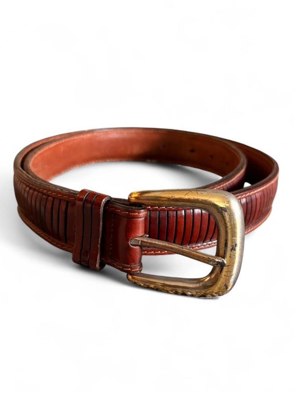 Vintage Premium Cole Haan Men's Leather Belt Brown Solid Brass Buckle USA 38/95